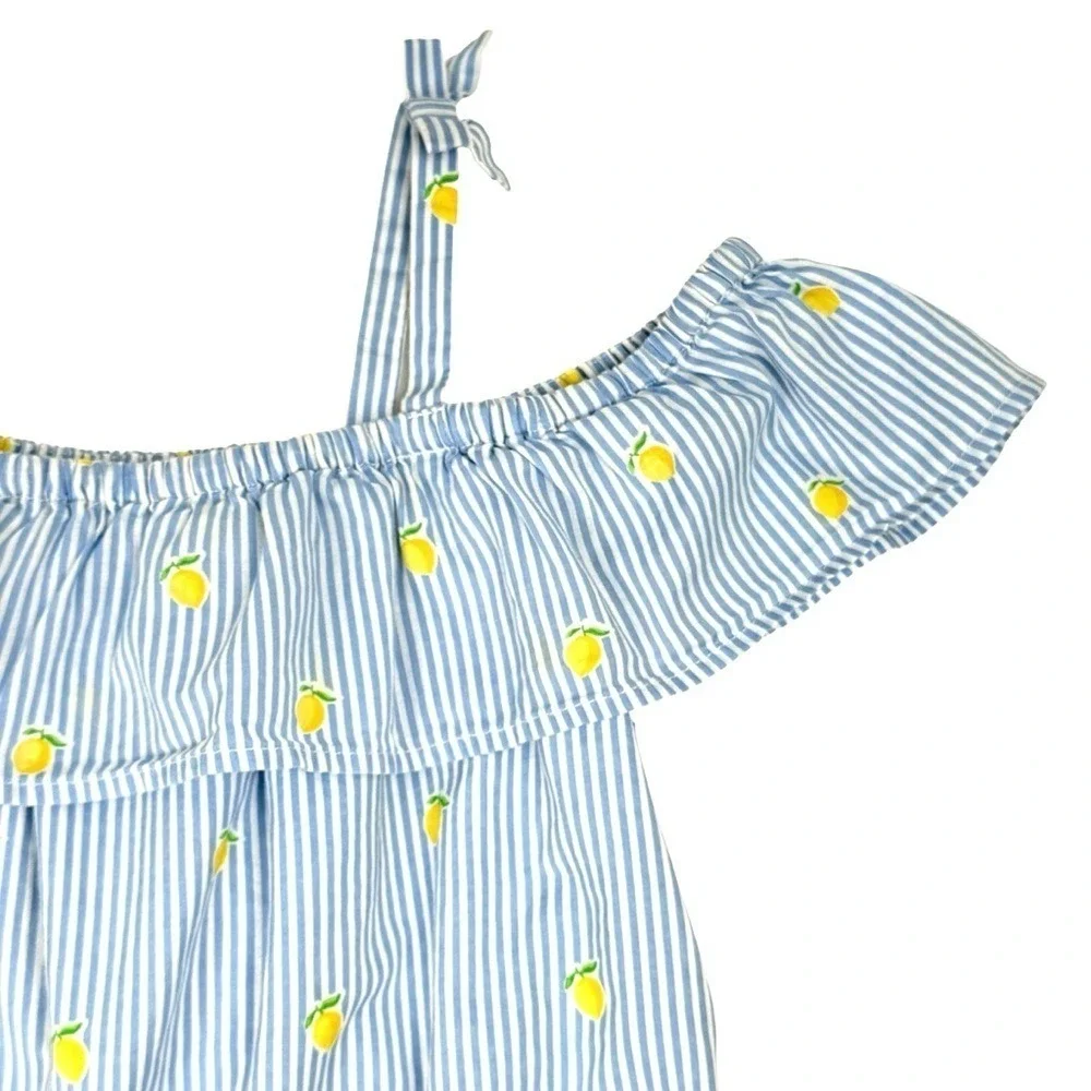 Janie & Jack Girls Romper 4T/5T Blue Stripe Lemon Ruffle Beach Vacation Cotton - Picture 3 of 13